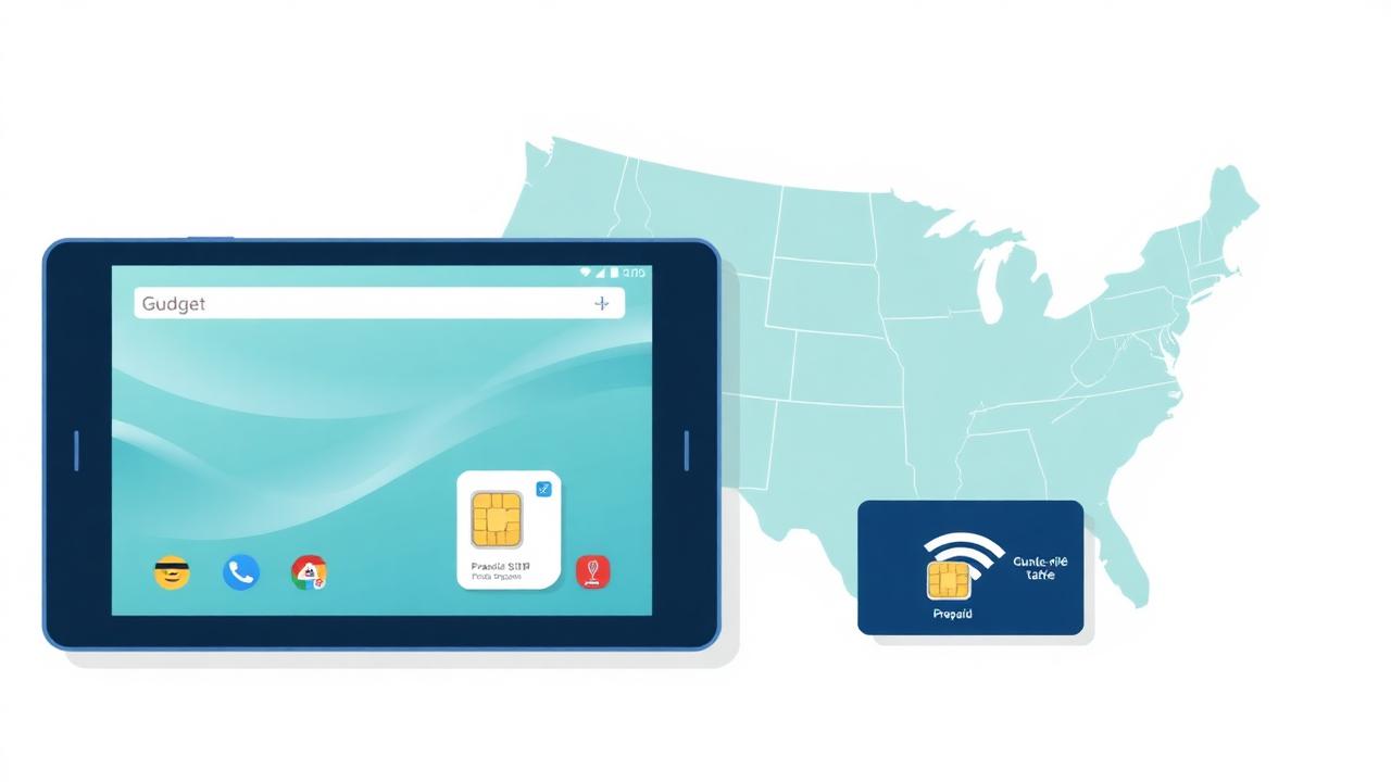 Boost Mobile tablet 2026 illustration with prepaid SIM card and US coverage map