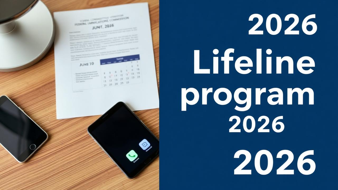 Lifeline program 2026 illustration with smartphone, tablet, FCC document, and June 10 2026 calendar showing eligibility and discount details