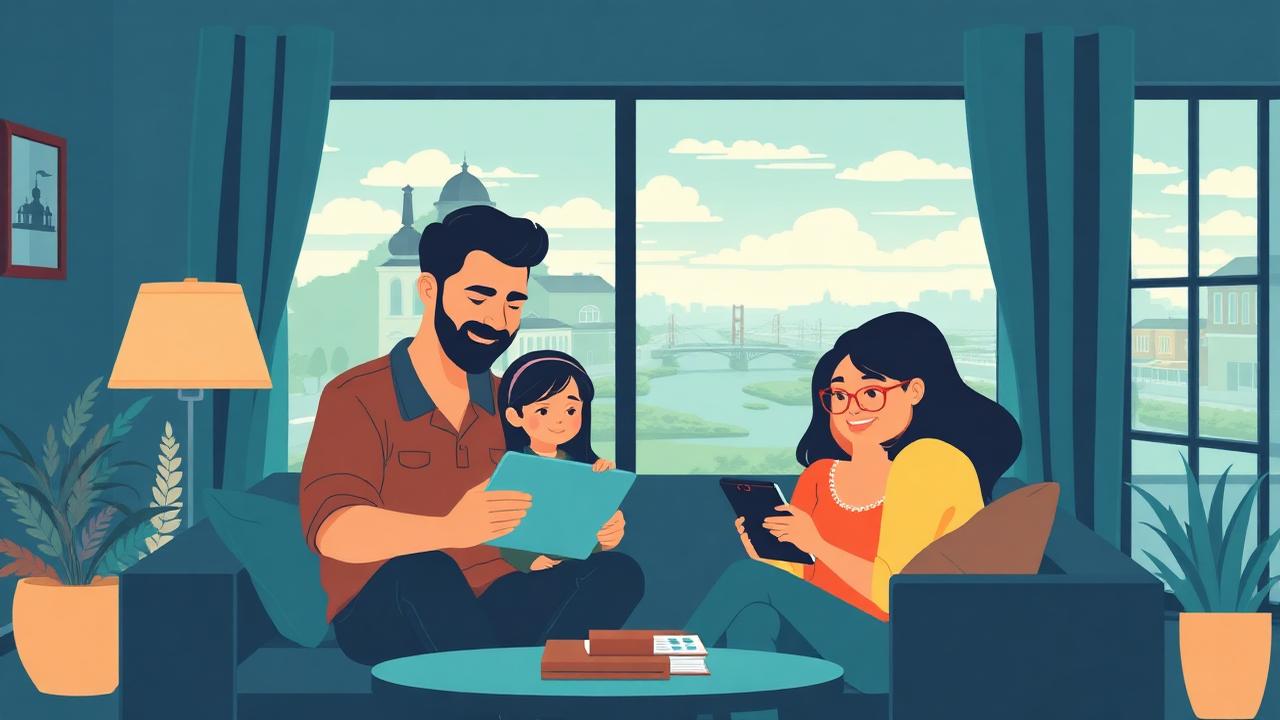 Louisiana family using a free Lifeline tablet at home in 2026, with New Orleans French Quarter and Mississippi River bayou landscape in the background