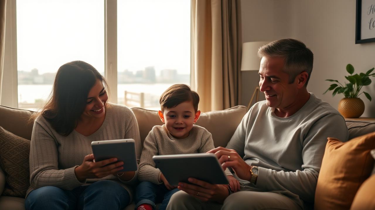 Maryland family using a free Lifeline tablet at home in 2026, with Baltimore Inner Harbor and Chesapeake Bay in the background