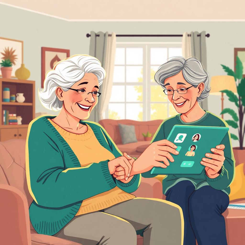 Senior woman using a tablet for a video call with a caregiver helping at her side, illustrating SSI, Medicaid, and Lifeline tablet options for seniors in 2026