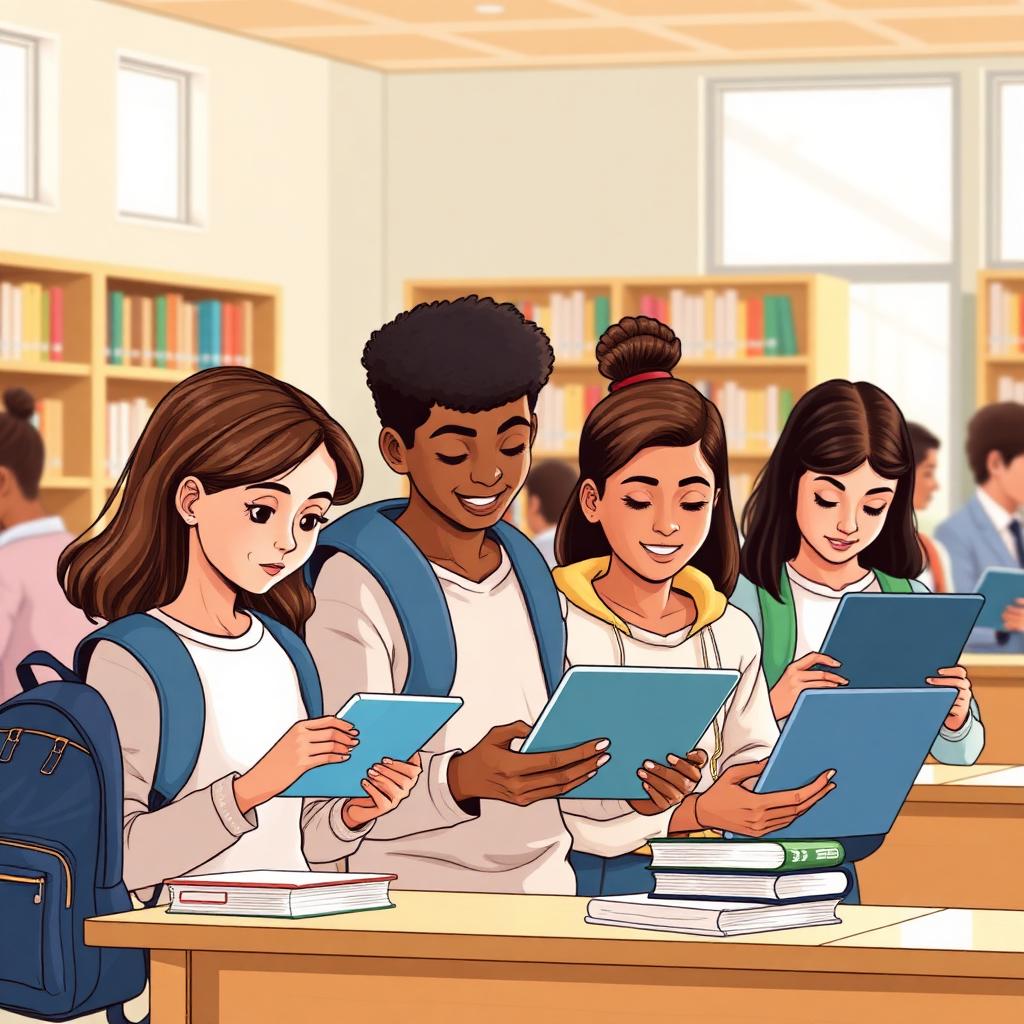 K-12 and college students using tablets and laptops in a school library in 2026, illustrating school, Lifeline, and low-income tablet options